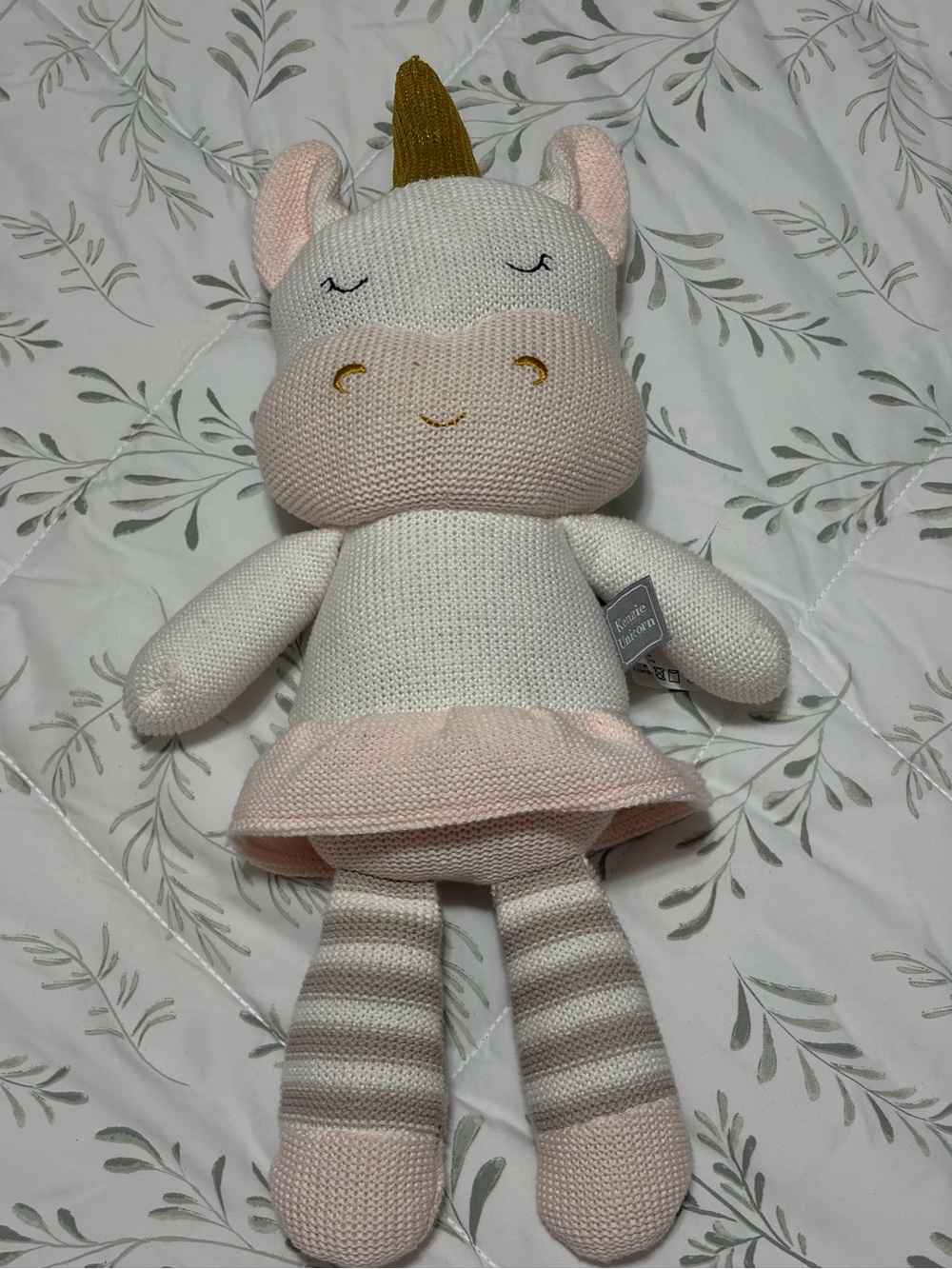 Kenzie The Unicorn By Living Textiles Cotton Knit Built In Rattle Pink White Fun